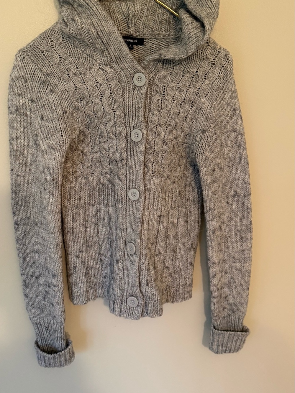 Express Hooded Cable-Knit Button Cardigan in Light Gray